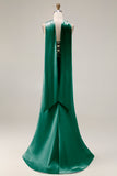 Robe de soirée longue sirène vert clair satin bustier sans bretelles avec fentes latérales et foulard