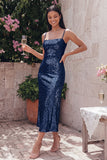 Robe midi à bretelles fines dorées bodycon scintillantes avec sequins
