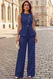 Costume d'affaires femme 2 pièces ivoire col rond simple boutonnage