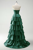 Vert Sweetheart Princesse Satin Tiered Long Corset Robe De Soirée avec Fente
