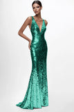 Robe formelle sirène à paillettes à col en V argenté scintillant