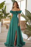 Robe formelle à épaules dénudées bleue une ligne avec fente