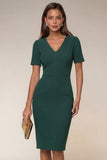 Robe de travail Midi Bodycon Navy à col en V à manches courtes avec fente