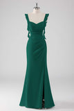 Robe de demoiselle d'honneur longue vert sauge à volants et lacets dans le dos avec fente