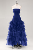 Robe de soirée noire sans bretelles en tulle à volants