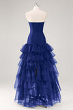 Robe de soirée noire sans bretelles en tulle à volants