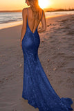 Robe longue formelle sirène dos nu argentée scintillante