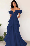 Robe de Soirée plissée à volants lilas à épaules dénudées