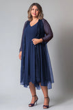 Mousseline de soie violette scintillante Une ligne V Col Manches longues Mère de la mariée Robe