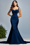 Robe longue de bal sirène vert foncé en satin