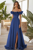 Robe formelle à épaules dénudées bleue une ligne avec fente