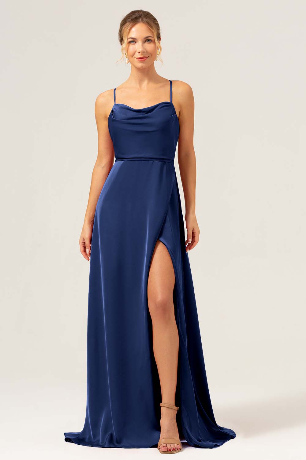 Robe Longue Femme Satin Élégante Dos Nu Fendue Spaghetti - Robe Soirée Mariage Cocktail