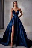 Robe longue de bal à bretelles spaghetti en satin bleu marine avec fente