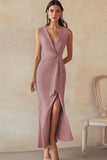 Robe longue de travail en satin bleu ciel à col en V avec fente