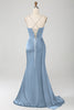 Charger l&#39;image dans la galerie, Sirène marine bretelles spaghetti plissé Corset longue robe de bal avec fente