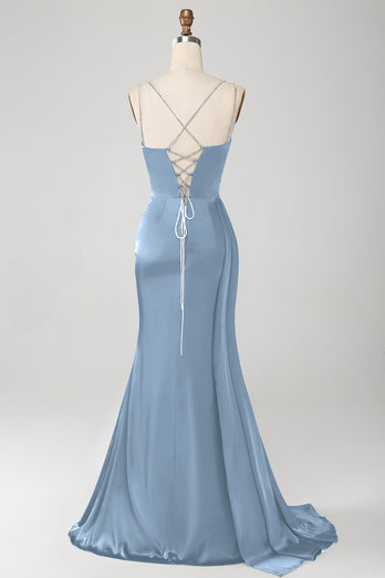 Sirène marine bretelles spaghetti plissé Corset longue robe de bal avec fente