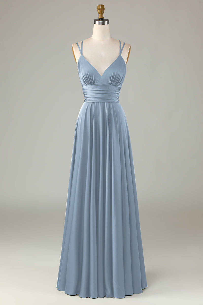 Charger l&#39;image dans la galerie, A-Line Robe de demoiselle d’honneur longue Bleu poussiéreux sans manches