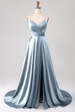 Robe de bal en satin bleu royal à bretelles spaghetti avec fente