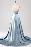 Robe de bal en satin bleu royal à bretelles spaghetti avec fente