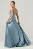 Charger l&#39;image dans la galerie, Bleu poussiéreux A-ligne Spaghetti Bretelles froncé Longue robe de demoiselle d’honneur avec fente
