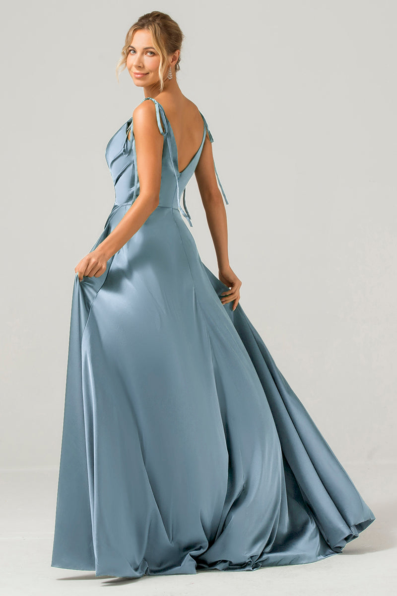Charger l&#39;image dans la galerie, Bleu poussiéreux A-ligne Spaghetti Bretelles froncé Longue robe de demoiselle d’honneur avec fente