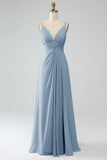 Robe de demoiselle d'honneur longue en mousseline de soie plissée ligne A couleur sauge poussiéreuse