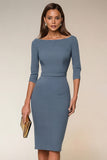 Robe professionnelle midi bleu marine col bâteau manches 3/4 coupe ajustée