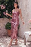 Robe midi à bretelles fines dorées bodycon scintillantes avec sequins