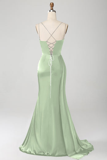 Sirène Eucalyptus bretelles spaghetti plissé Corset longue robe de soirée avec fente