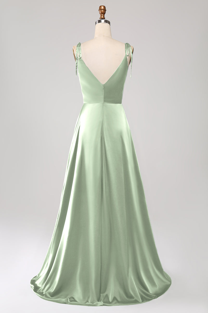 Charger l&#39;image dans la galerie, Simple vert foncé bretelles spaghetti froncé robe de bal avec fente