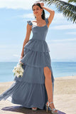 Eucalyptus A-ligne Corset Robe de demoiselle d’honneur longue avec fente à volants