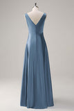 Bleu ciel une ligne V col ouvert dos Satin longue robe de demoiselle d’honneur