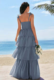 Eucalyptus A-ligne Corset Robe de demoiselle d’honneur longue avec fente à volants