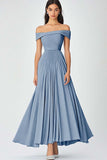 Robe formelle en mousseline de soie froncée bleu ciel une ligne