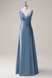 Bleu ciel une ligne V col ouvert dos Satin longue robe de demoiselle d’honneur