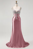Robe de soirée sirène blush à bretelles fines corset décoré de strass