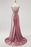 Robe de soirée sirène blush à bretelles fines corset décoré de strass