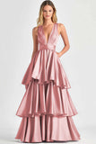 Robe de bal longue à volants à col en V trapèze