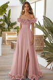 Robe formelle à épaules dénudées bleue une ligne avec fente