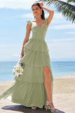 Eucalyptus A-ligne Corset Robe de demoiselle d’honneur longue avec fente à volants