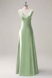 Bleu ciel une ligne V col ouvert dos Satin longue robe de demoiselle d’honneur