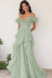 Robe de Soirée plissée à volants lilas à épaules dénudées