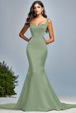 Robe longue de bal sirène vert foncé en satin
