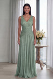 Robe Longue de Cérémonie Plissée Vieux Rose Col V