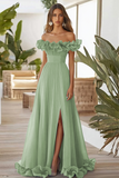 Robe formelle à épaules dénudées bleue une ligne avec fente