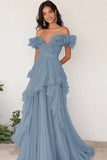 Robe de Soirée plissée à volants lilas à épaules dénudées