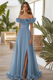 Robe formelle à épaules dénudées bleue une ligne avec fente