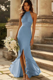 Halter Dusty Sage Sirène Volants Robe de demoiselle d’honneur en mousseline de soie