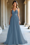 Une ligne bleu foncé spaghetti bretelles sweetheart robe longue de bal