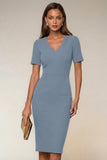 Robe de travail Midi Bodycon Navy à col en V à manches courtes avec fente